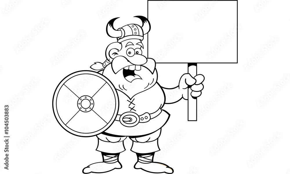 Back and white illustration of a viking holding a shield and a sign.