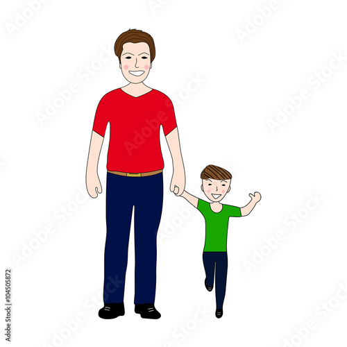 Happy dad holding baby son by the hand