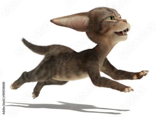 3D small fluffy kitten runs very quickly on white background