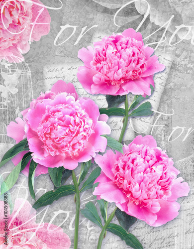 Postcard flower. Congratulations card with beautiful peonies on a grunge background and text for you.