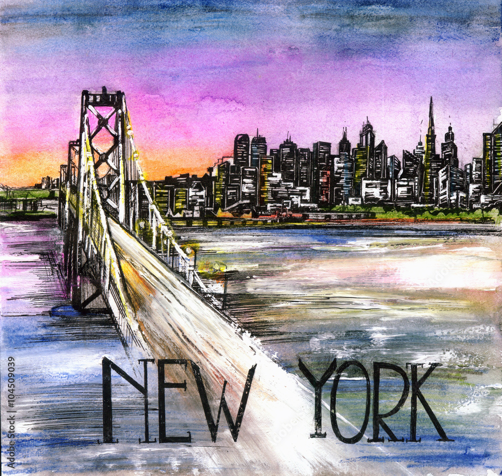 Obraz panoramiczny widok akwarela miasta Nowy Jork