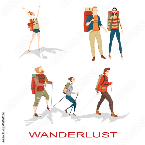 Set of vector illustrations of people hiking in mountains in cartoon style