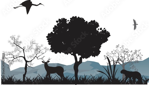 Jungle animals silhouettes vector illustration. Tiger, deer, trees, black silhouettes