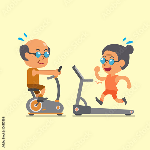 Cartoon senior people doing exercise with exercise bike and treadmill