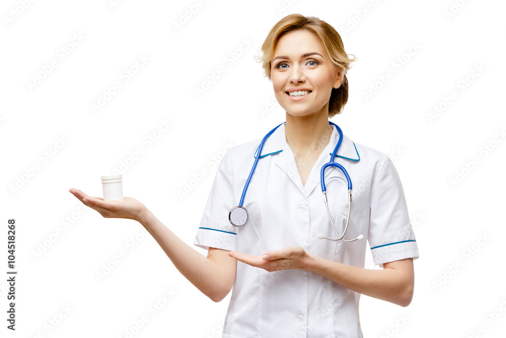 Woman doctor standing on white background Woman doctor standing on white background