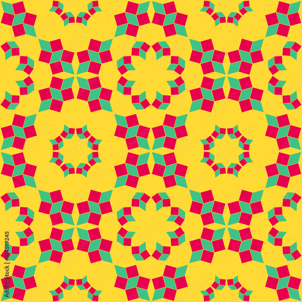 Stylish seamless pattern of turquoise and magenta shades geometrical objects on yellow background