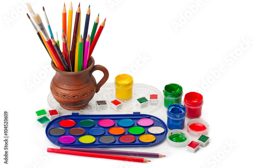 Paints, gouache , brush , colored pencils.