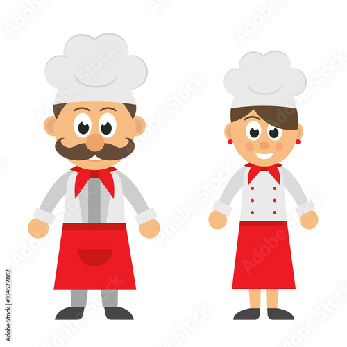 cartoon chef man and  woman in apron 