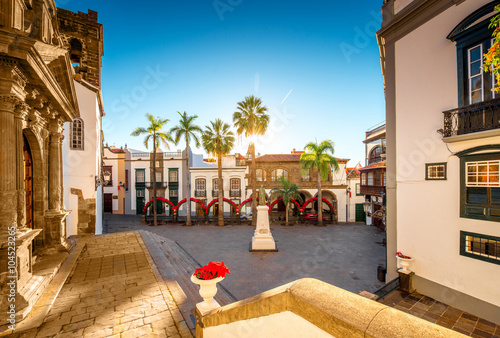 Central square in old town with Salvador church and monument in Santa Cruz de la Palma in Spain © rh2010