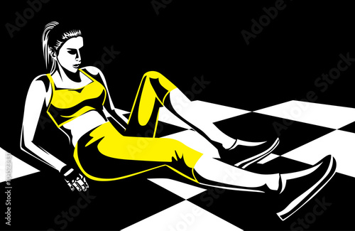 Woman in yellow sportswear make leg exercise on checkered floor. Illustration about sport and health 