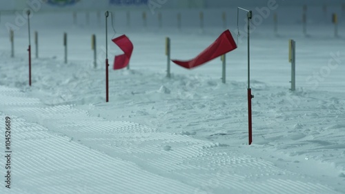 Biathlon. Flag fluttering in the shooting range. Wind