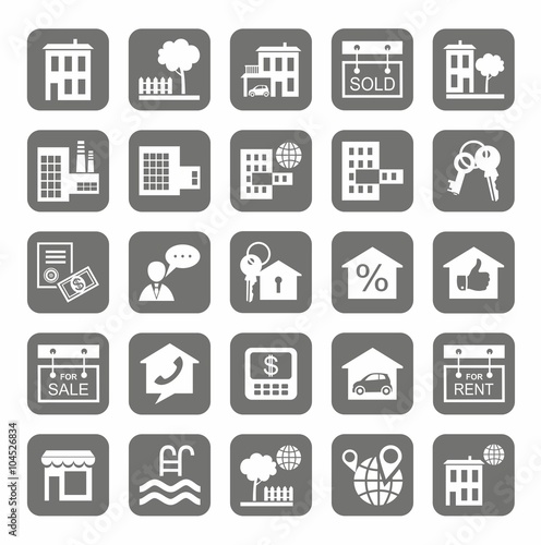 Real estate, icons, monochromatic, gray.