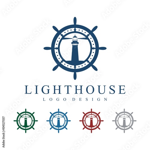 Lighthouse, Ship's Wheel, Circle Logo Design Template