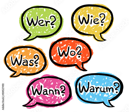 Set Sprechblasen: Wer? Wie? Was? Wo? Wann? Warum? / Vektor, Kreidezeichnung, farbenfroh, freigestellt
