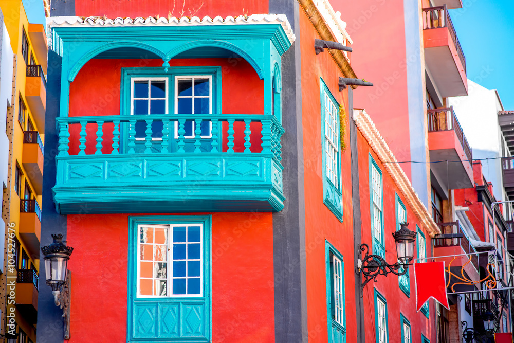 Colorful house with beautiful balcony in Santa Cruz de La Palma old town on La Palma island in Spain