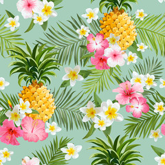 Tropical Flowers and Pineapples Background - Vintage Seamless Pattern