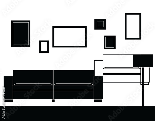 Modern sofa furniture set with frames and lamp. Vector