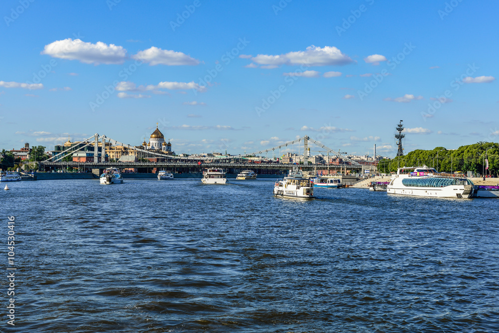 Fototapeta premium Water view of Crimean bridge in Moscow, Russia