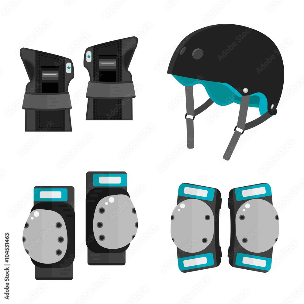 Vector set of flat roller skating and skateboarding protective gear