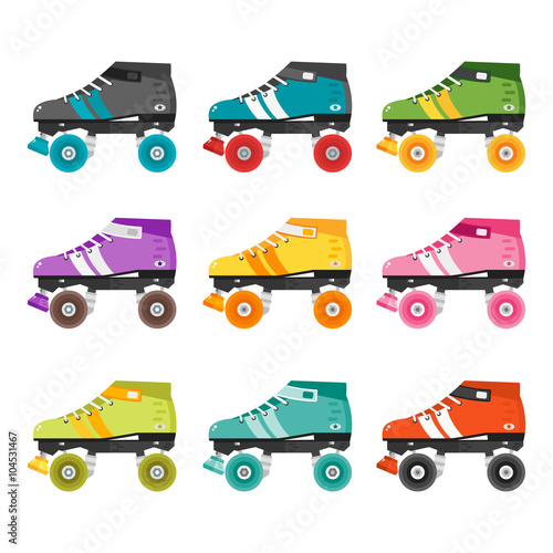 Vector set of flat quad roller skates.