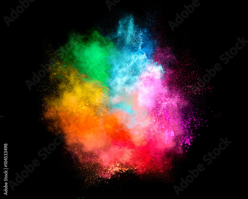 Colorful Dust Particle Explosion Isolated on Black Background
