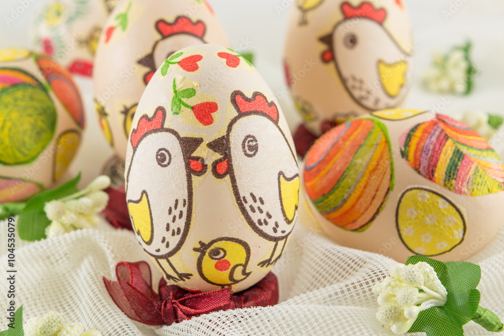 Chicken decorated Easter eggs