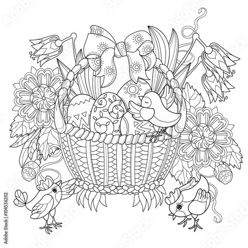 Hand drawn doodle outline easter eggs in basket