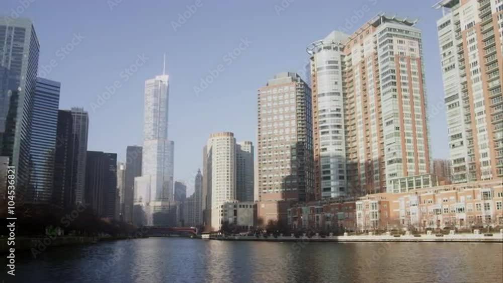 Panning left shot of downtown Chicago featuring the Trump building. Panning left shot of downtown Chicago featuring the Trump building.