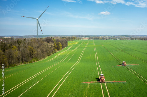 Aerial view of the windmill and the tractors