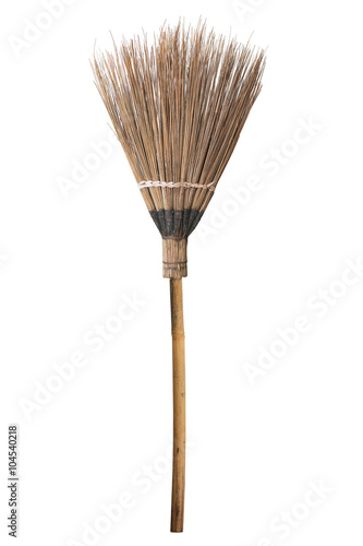 broom for cleaning on dirty floor, cleaning set in house or work place, old broom isolate on white background.