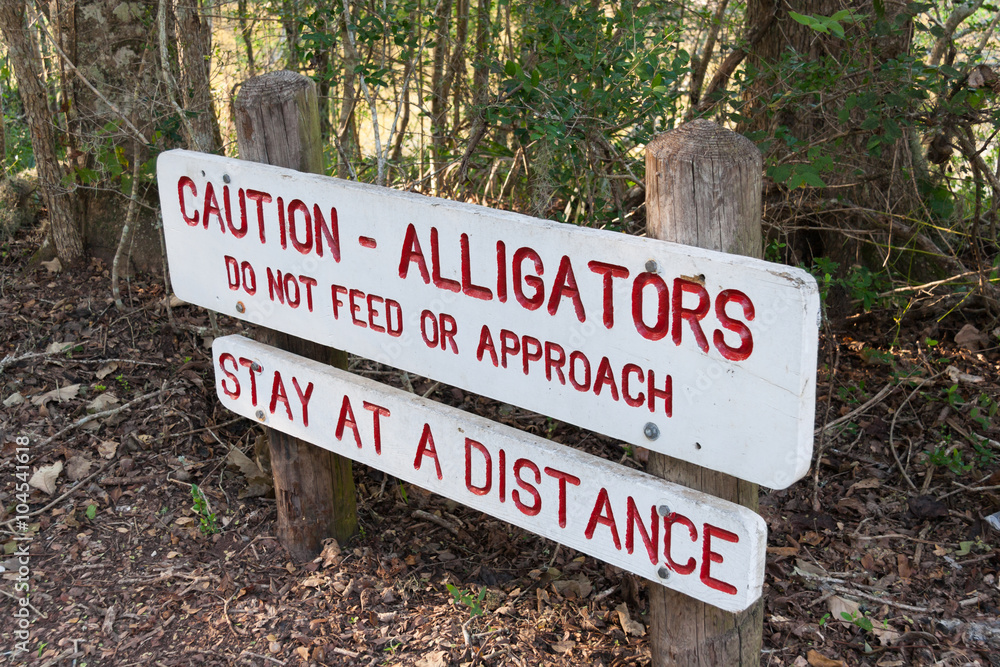 Caution sign warning about alligators in Brazos Bend State Park near Houston, Texas Caution sign warning about alligators in Brazos Bend State Park near Houston, Texas