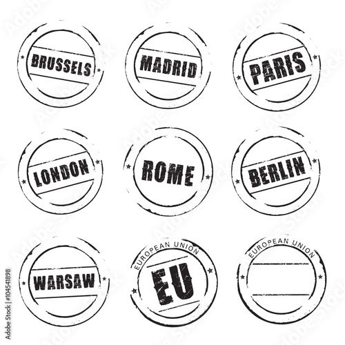 Black grunge stamps, European Cities. Madrid, Paris, London, Rom