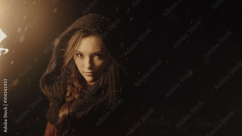 Portrait of a young mystic woman in the dark forest holding a torch. Young woman over dark night background. Falling snow. Slow motion. Portrait of a young mystic woman in the dark forest holding a torch. Young woman over dark night background. Falling snow. Slow motion.