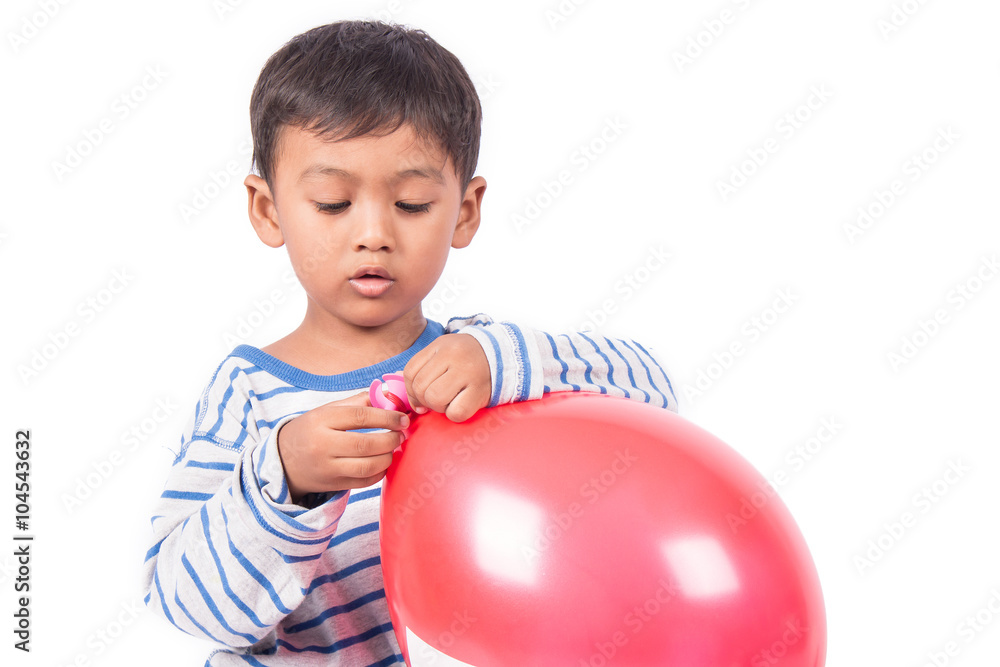 happy cute little boy play with red balloon happy cute little boy play with red balloon