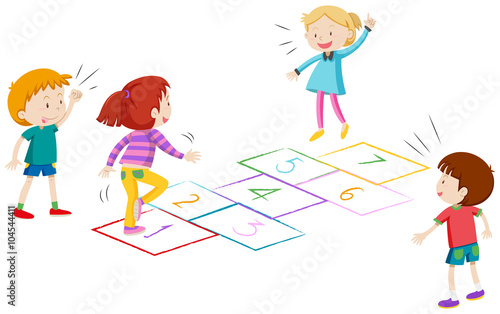 Boys and girls playing hopscotch