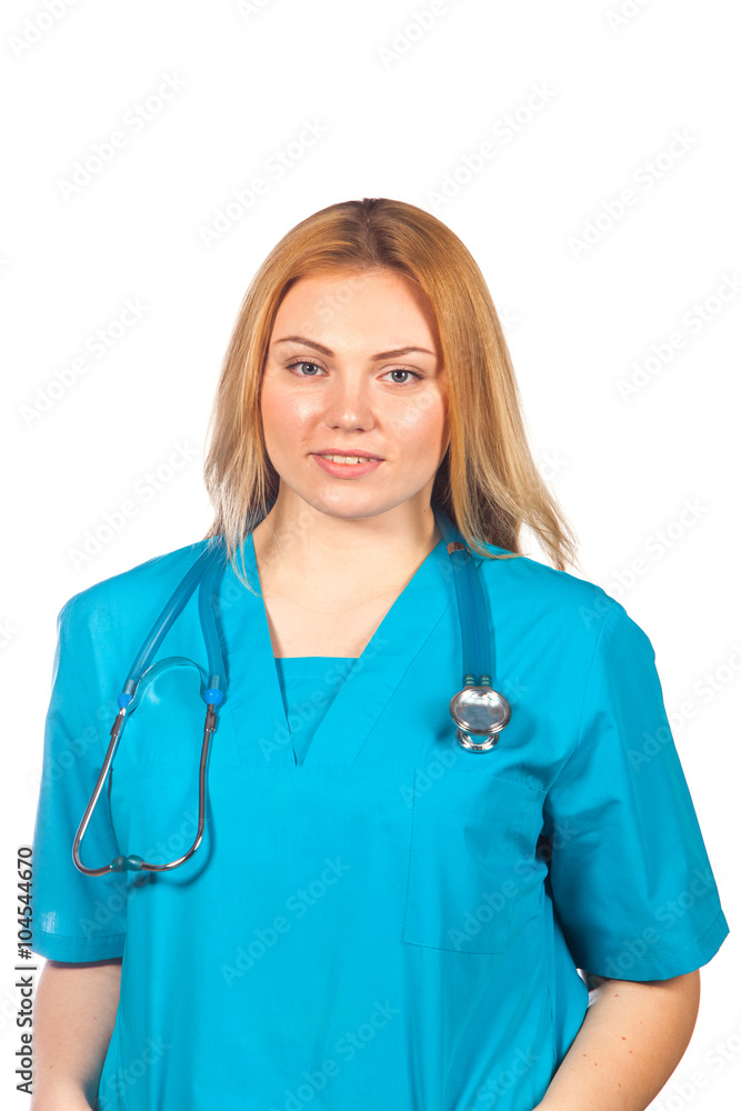 healthcare, profession, people and medicine concept - medical doctor woman with stethoscope. Isolated over white background. healthcare, profession, people and medicine concept - medical doctor woman with stethoscope. Isolated over white background.