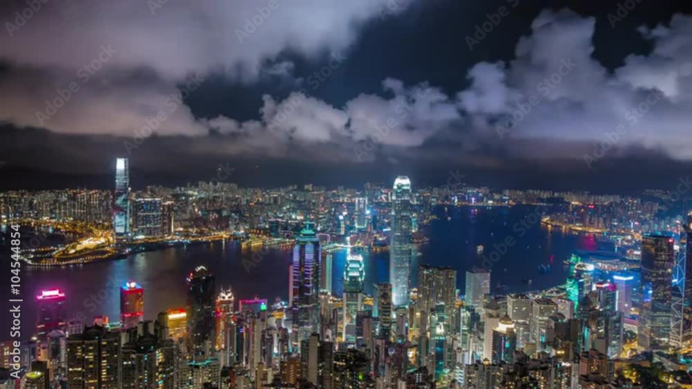 Hong Kong night city skyline timelapse video. Beautiful 4K panorama background Hong Kong night city skyline timelapse video. Beautiful 4K panorama background