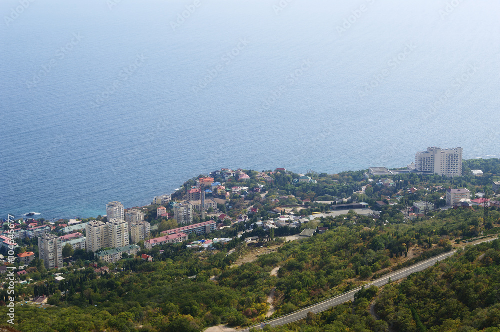  panoramic top view of township Foros and Black sea coast, Crimea, Russia 