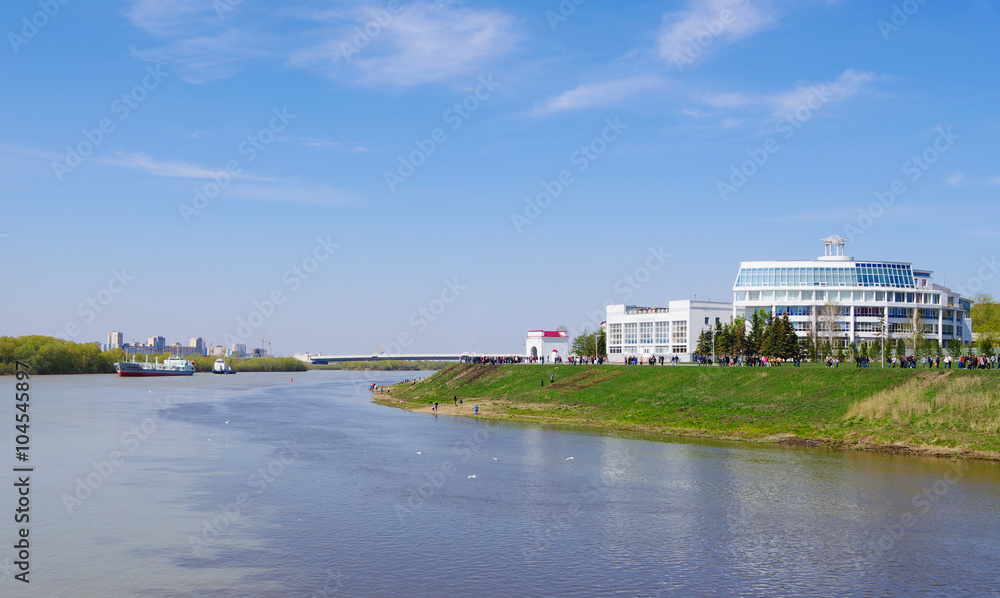 arrow rivers Om and Irtysh, Tukhachevsky embankment, view buildings of sports swimming school 
