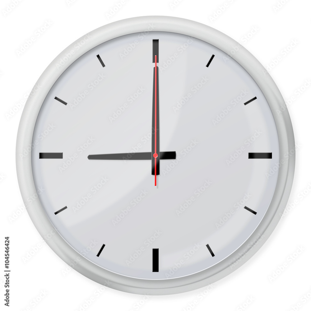 Round wall clock with shadows isolated on white background. Round wall clock with shadows isolated on white background.