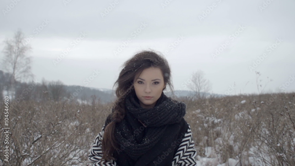 Young beautiful model posing over winter forest. Stylish fashion portrait. Outdoor winter portrait of young brunette over snowy background. Young beautiful model posing over winter forest. Stylish fashion portrait. Outdoor winter portrait of young brunette over snowy background.