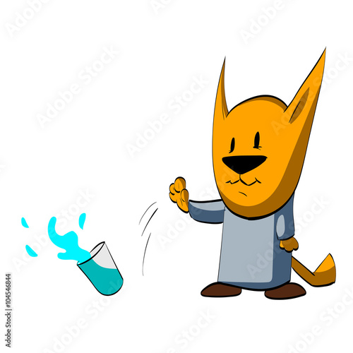 Colorful vector illustration of an orange cat knocking off a glass of water.