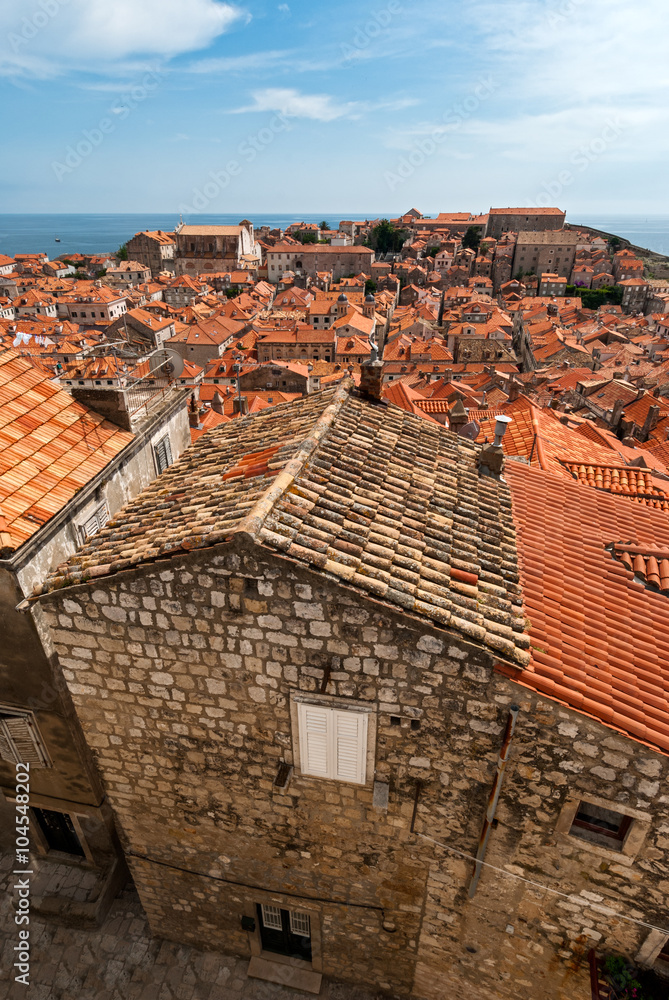 Dubrovnik city view with tower and island