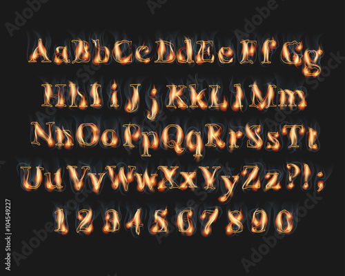 Fire burning alphabet and numbers font