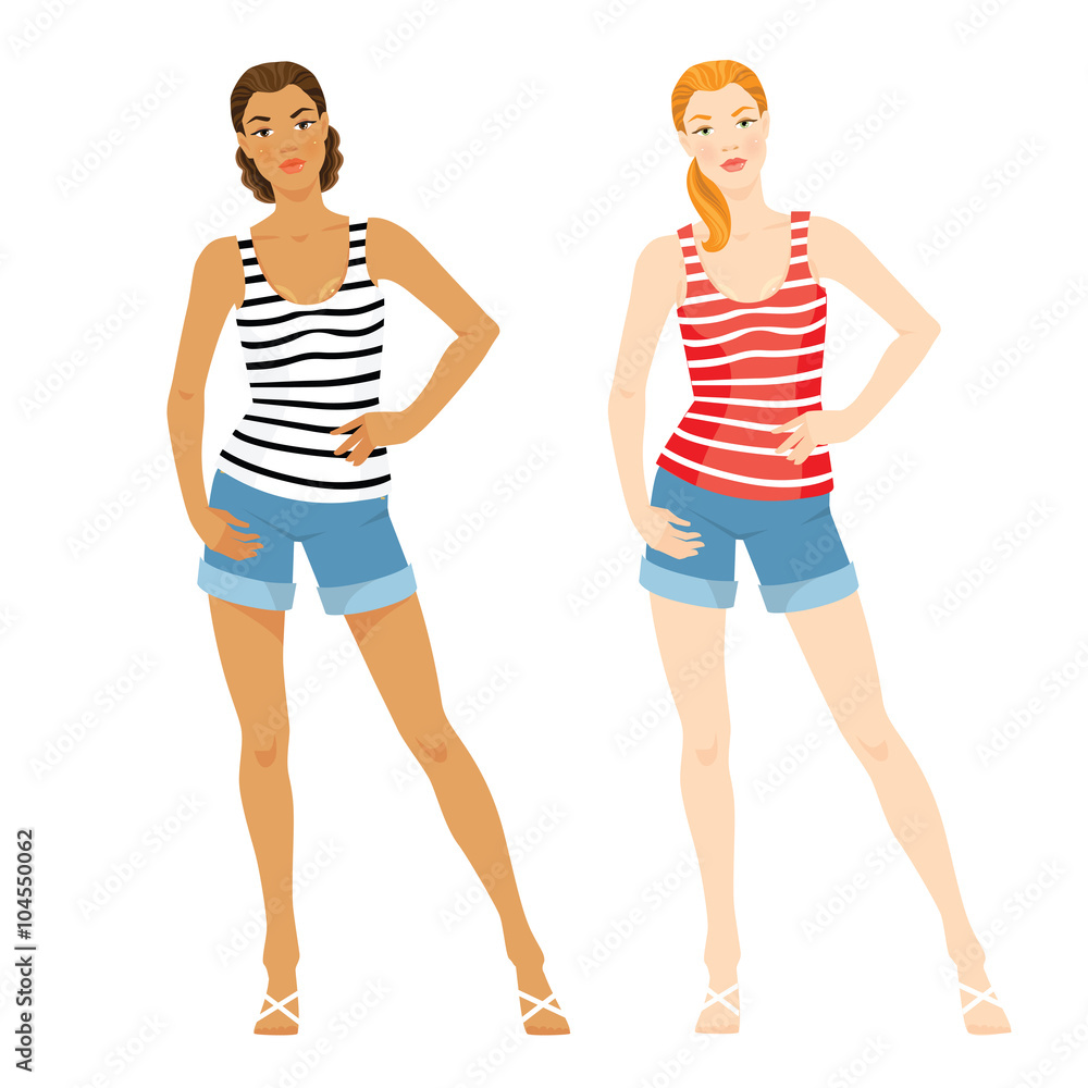 Vector illustration of girl in clothes for summer isolated on white background. Woman with different skin colors. Blue shorts of jeans fabric. Red striped shirt and white striped shirt. Vector illustration of girl in clothes for summer isolated on white background. Woman with different skin colors. Blue shorts of jeans fabric. Red striped shirt and white striped shirt.