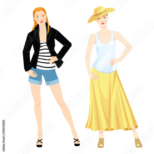Vector illustration of fashion portrait of elegant woman wearing straw hat, white top, striped top, jeans shorts and maxi skirt. Stylish street style look. Summer vacation.