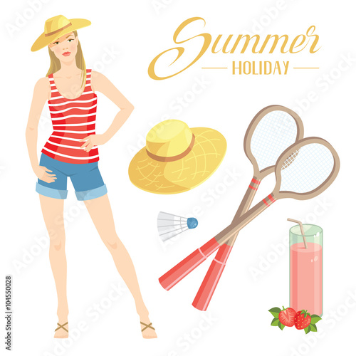 Vector illustration of woman in summer clothes on white background. Pretty girl in red striped shirt and blue shorts of jeans fabric. Set of badminton equipment. Letter of summer holiday.