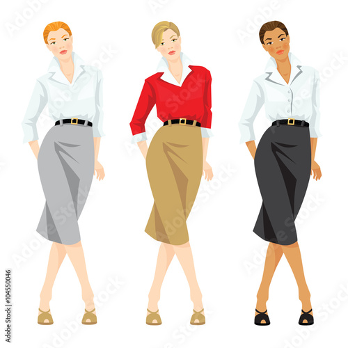 Vector illustration of corporate dress code and casual style of clothes. Business woman or professor in elegant formal suit. Woman in red cardigan and white blouse. Woman with different skin tone.