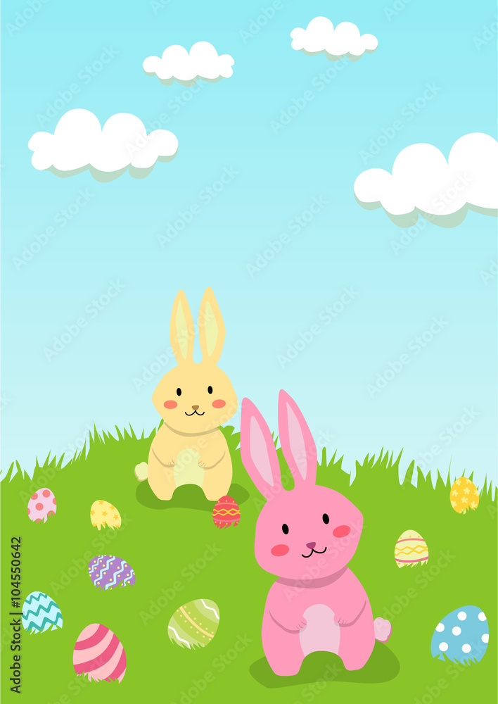 Two Easter Rabbit are playing and collecting easter eggs in garden. Two Easter Rabbit are playing and collecting easter eggs in garden.