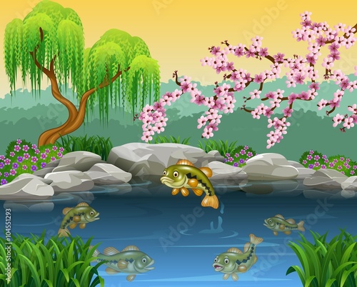 Cartoon bass fish collection in a pond 